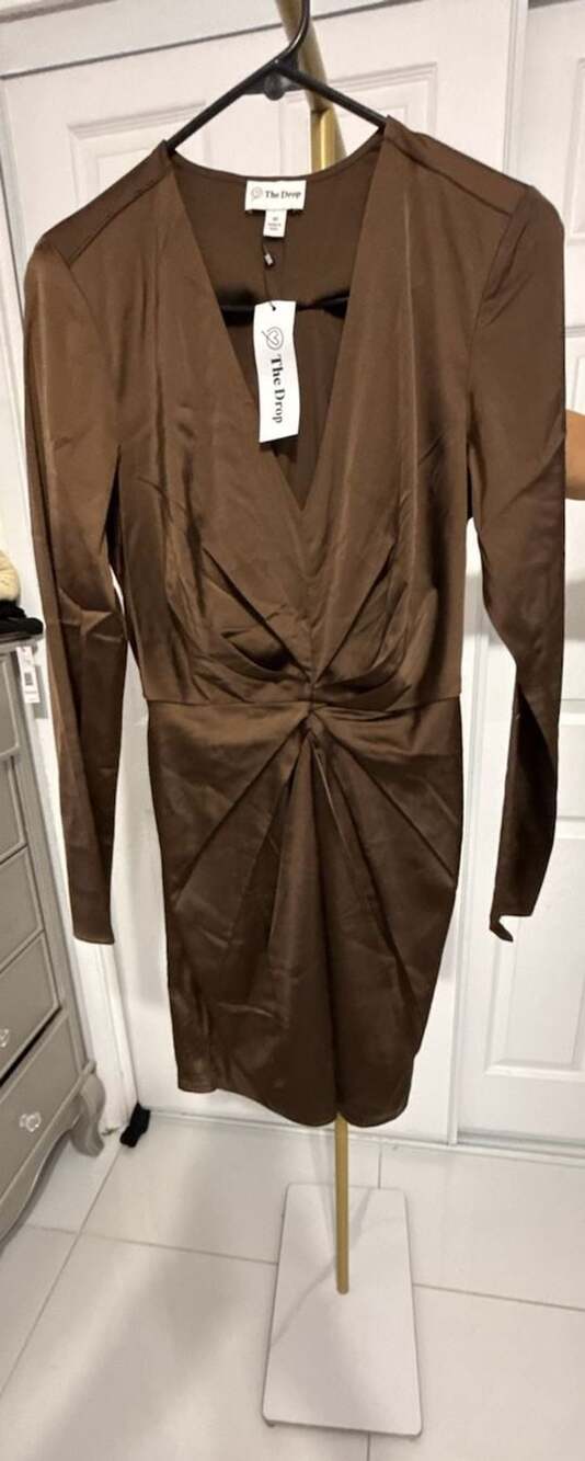 The Drop Long Sleeve Twist Front Dress Size XS Brown Satin V-Neck